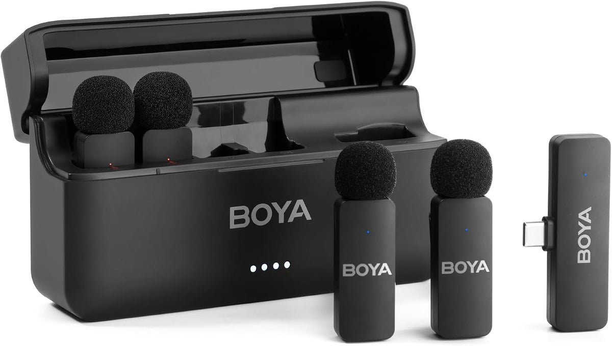BOYA BY-V4 Wireless Microphones for Cameras DSLR Camcorder with Charging case, 12H Battery Life, 650ft Range, 4-Channel Omnidirectional Noise Canceling Lavalier Mic for Live Streaming Vlog