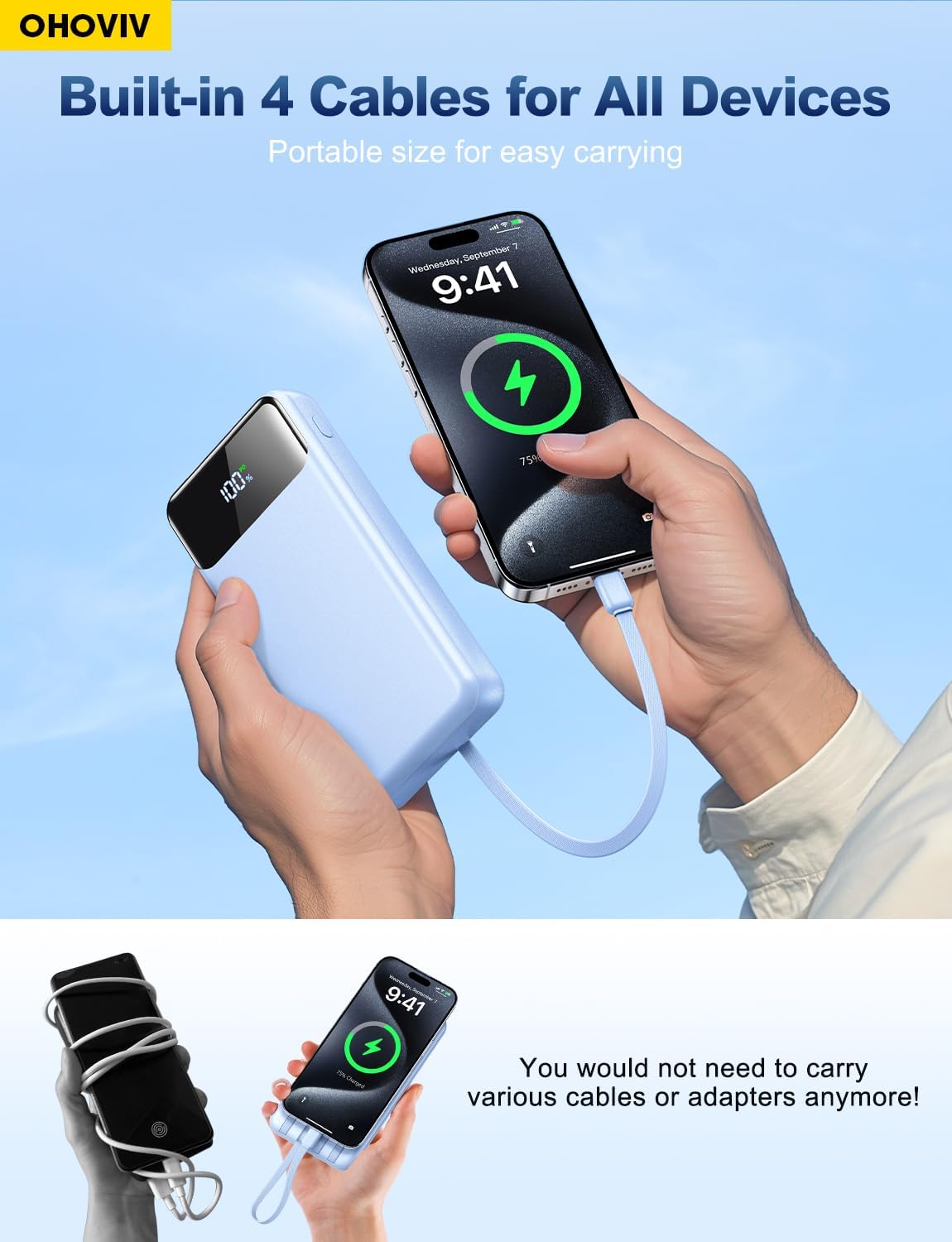 OHOVIV Portable Charger Power Bank 50000mAh,4 Built-in Cables Battery Pack | 22.5W Fasting Charging,Power 6 Devices,Camping Travel Essential,Portable Phone Charger compatible with iPhone,Samsung,Blue