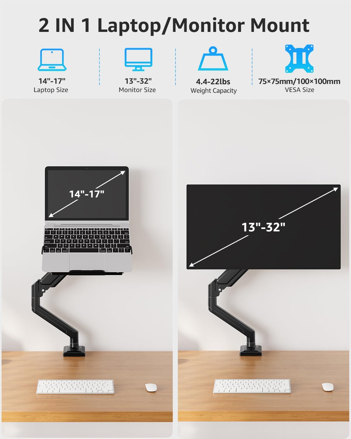 MOUNTUP Laptop Stand for Desk, 2-in-1 Monitor Mount with Laptop Tray Holds 2.2-22lbs, Adjustable Laptops Arm Mount for Max 17" Notebook & 32" Monitor, Laptops Desk Arm with Clamp/Grommet