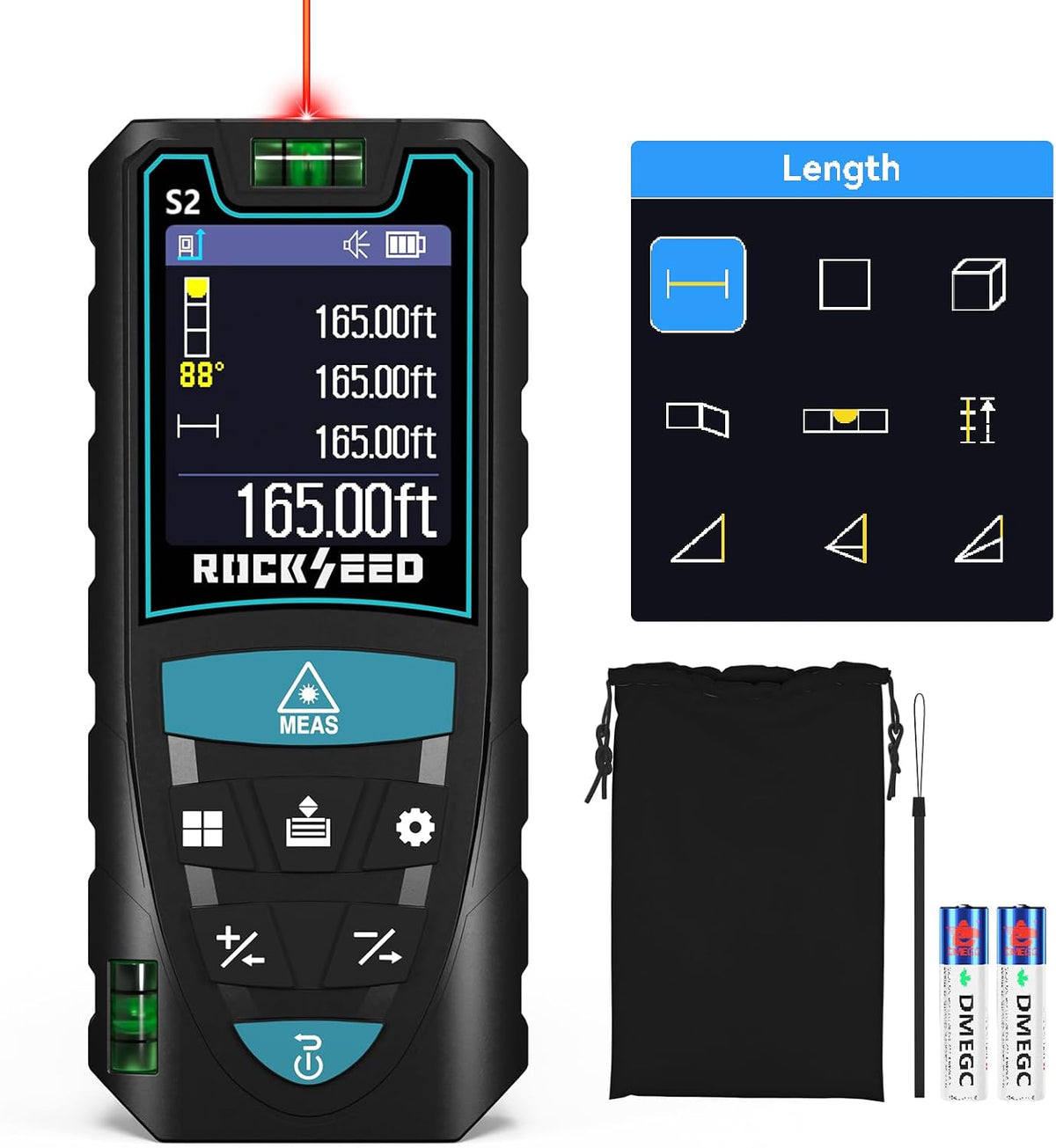 Laser Measuring Tool 165ft, RockSeed S2C Red Beam Laser Measure with Rotatable HD IPS Color Screen, 12 Measurement Modes, 3 Leveling Modes, 5 Units Switchable, for Stake Marking/Distance/Area/Volume