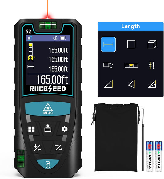 Laser Measuring Tool 165ft, RockSeed S2C Red Beam Laser Measure with Rotatable HD IPS Color Screen, 12 Measurement Modes, 3 Leveling Modes, 5 Units Switchable, for Stake Marking/Distance/Area/Volume