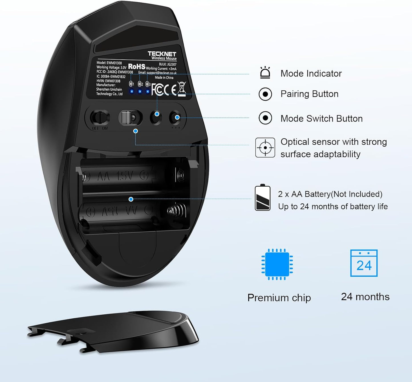 TECKNET Bluetooth Mouse, Wireless Silent 6 Buttons 2-Yr Battery, Black | BT 5.0/3.0, 6-Level DPI to 4800, Wide OS Compatible, Ergonomic for M/L Hands, Extended Battery