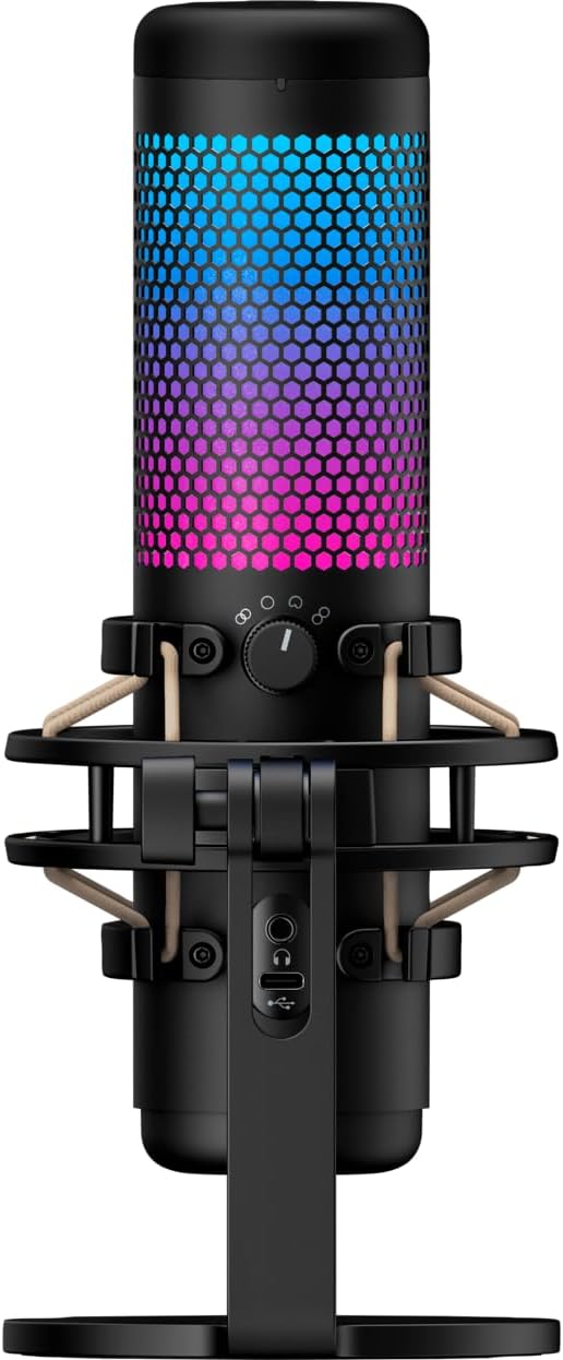 HyperX QuadCast S Condenser Microphone - Customizable RGB Touch-to-Mute, Anti-Vibration, Pop Filter, 4 Polar Patterns, USB, for Streaming and Content Creation, Black (4P5P7AA)