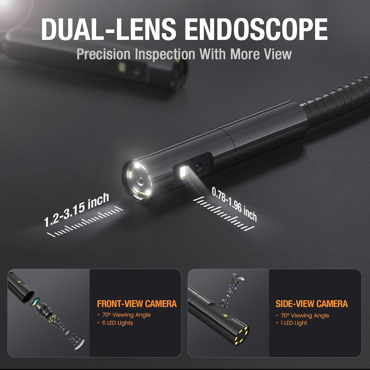 Teslong 5'' Dual Lens Borescope Camera for Wall & Engine Inspection | IPS Screen 16.5FT Cable Industrial Endoscope with 7 LEDs, Waterproof Fiber Optic Snake Scope for Automotive, HVAC, Plumbing