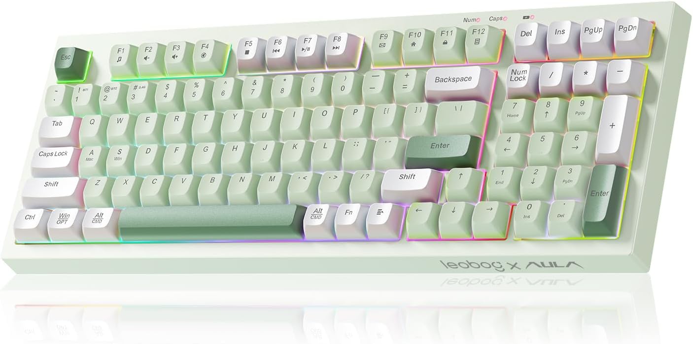 LEOBOG X Aula Green Keyboard Wireless Gaming Keyboard Creamy Silent | 98 Keys,Quiet,RGB Backlit,2000mAh Computer Keyboards Membrane Creamy Keyboard with Number Pad,Tri-Mode BT/2.4GHz/USB-C
