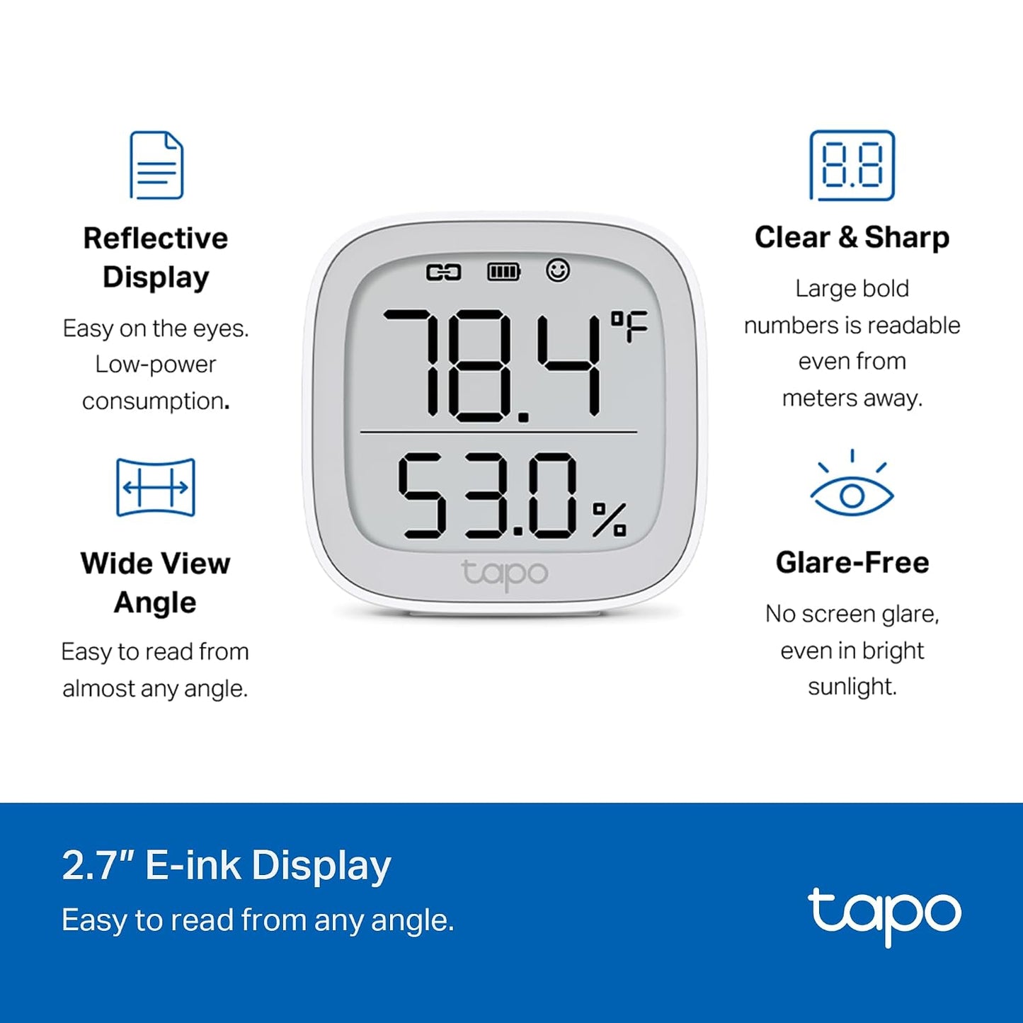 Tapo Smart Temperature and Humidity Monitor, 2.7" E-Ink Display, Swiss-Made Sensor, Real-Time Notification, Visual Graphics, Hub Required, White (T315)