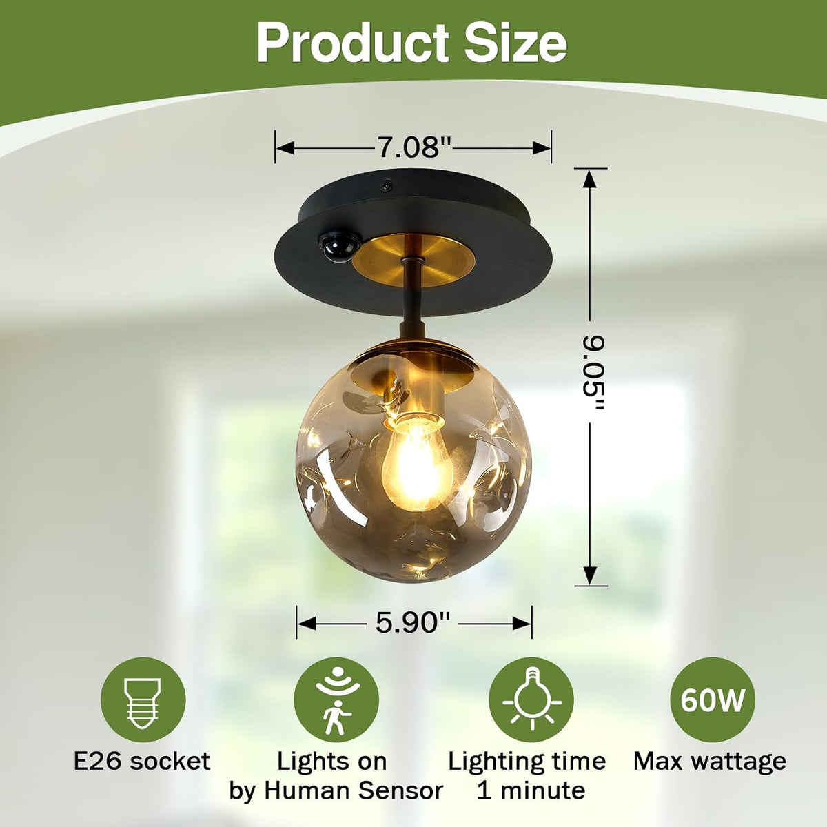 Motion Sensor Light Indoor 1-Light Mini Glass Globe Ceiling Light Fixture Modern Black Semi Flush Mount Light for Hallway Entryway Porch Stairway Closet