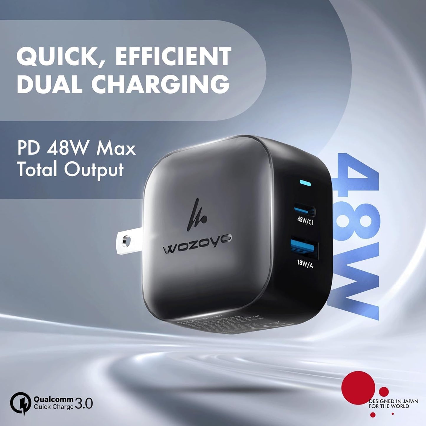 48W GaN Charger Wozoyo Type-C & USB-A Superfast 2.0 Charging, Compatible for iPhone 17/16/16 Pro Max/15 Series/iPad Pro, Smartphones, Tablets and More, PD/PPS/QC 3.0,Compact Foldable Plug