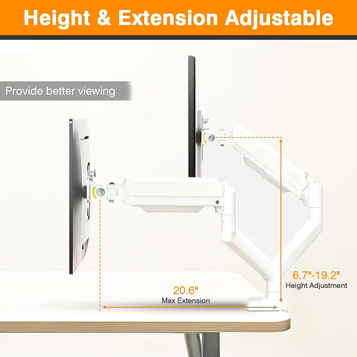 Dual Monitor Arms, Gas Spring Monitor Arms for 2 Monitors up to 34" Curved/Flat, 22lbs per Arm, VESA Mount 75x75 100x100mm, C-Clamp & Grommet Base, Adjustable Tilt/Swivel/Rotation White