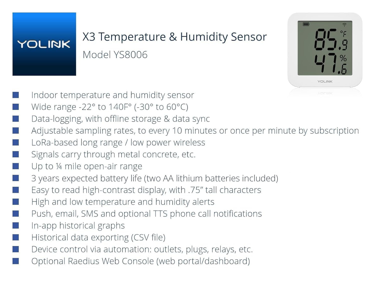 YoLink X3 Version Temperature & Humidity Sensor, Supports App Real-Time Data Refresh, Alexa, IFTTT, Home Assistant Integration - YoLink Hub Required