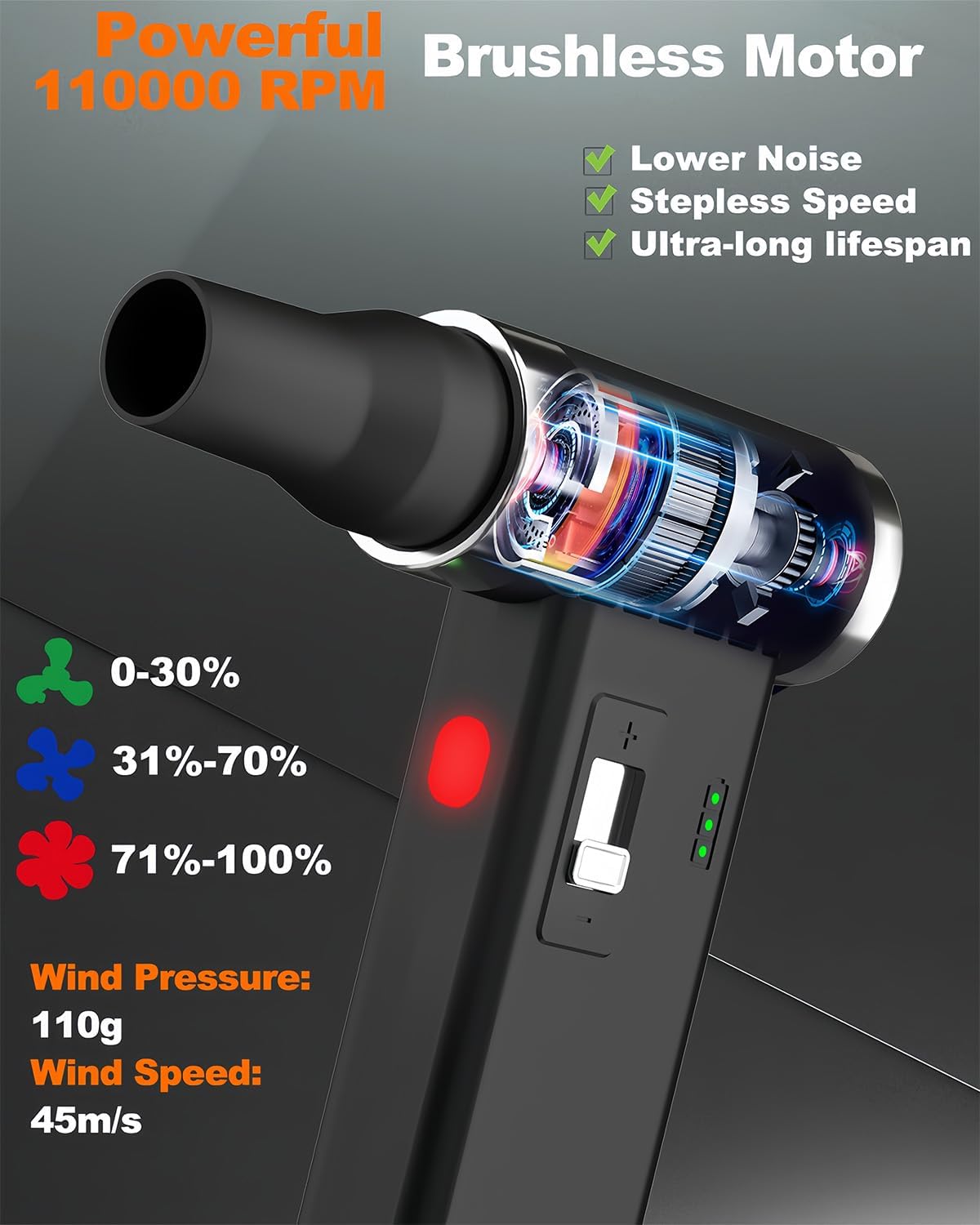 FT03 Compressed Air Duster, 1-100 Stepless Speed Adjustable | Powerful Electric Dust Blower, 110000RPM Brushless Motor, Cordless Jet Fan for Keyboard, PC, Car & Outdoor Cleaning, Black