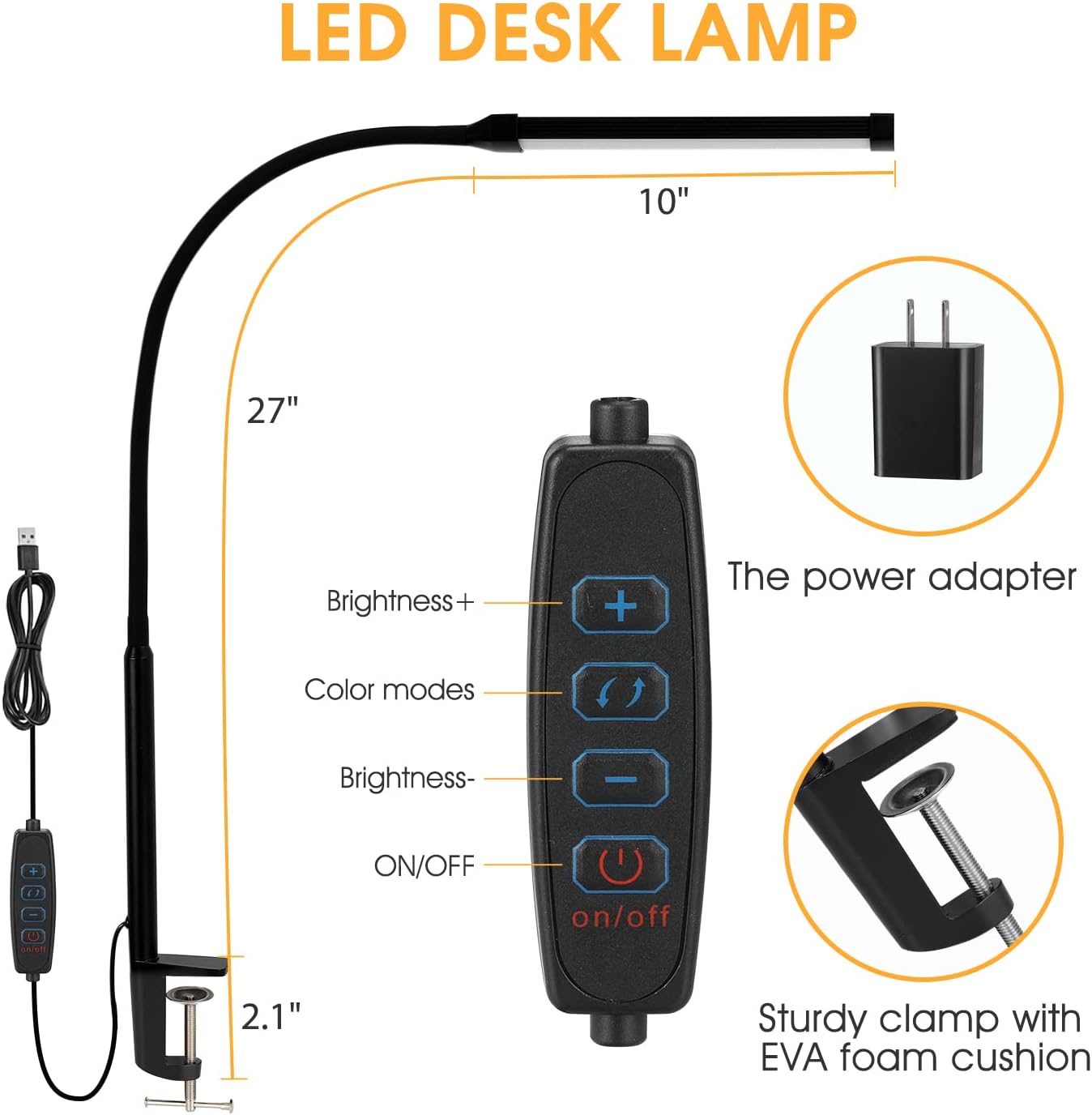 LED Desk Lamp with Clamp, Clip on Lights for Home Office, Black | 3 Modes 10 Brightness, Long Flexible Goose-Neck, Eye-Caring, Memory Function, Energy Efficient, USB Adapter, Metal