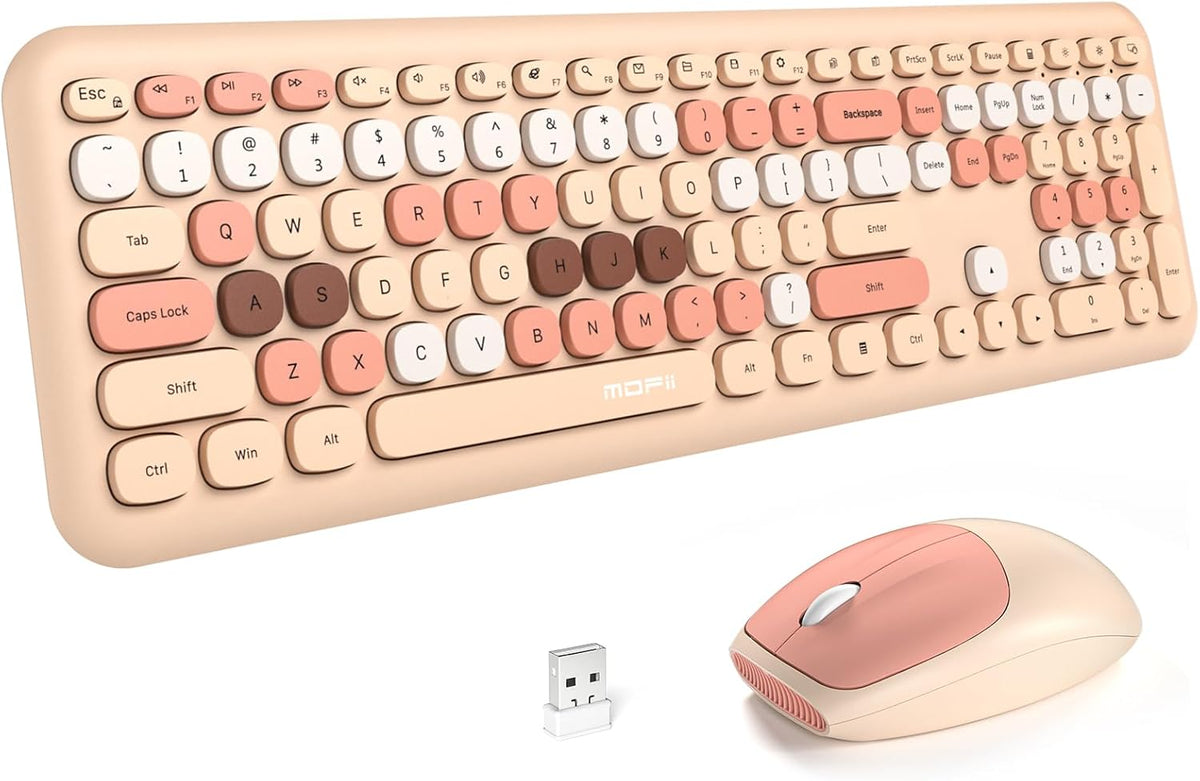 MOFii Wireless Computer Keyboard and Mouse Set, Colorful Full Size Keyboard with Number Pad and Silent Mouse for PC Desktop Windows (Milk Tea)