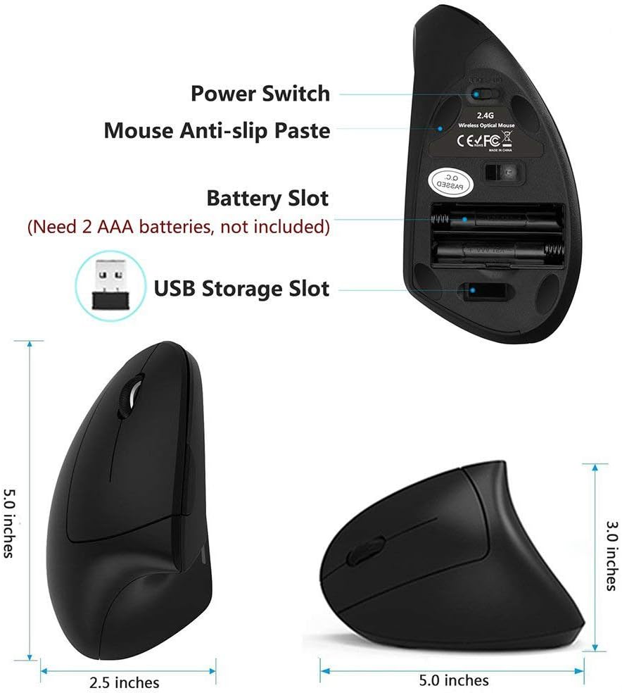 Lekvey Left Handed Mouse, Wireless USB Ergonomic Vertical Lefty Mouse | Only for Left-Hand Users, Quiet Click, 2.4G Wireless, 3 DPI 800/1200/1600, Comfort Grip, Lefty Mouse for Laptop, Mac, PC
