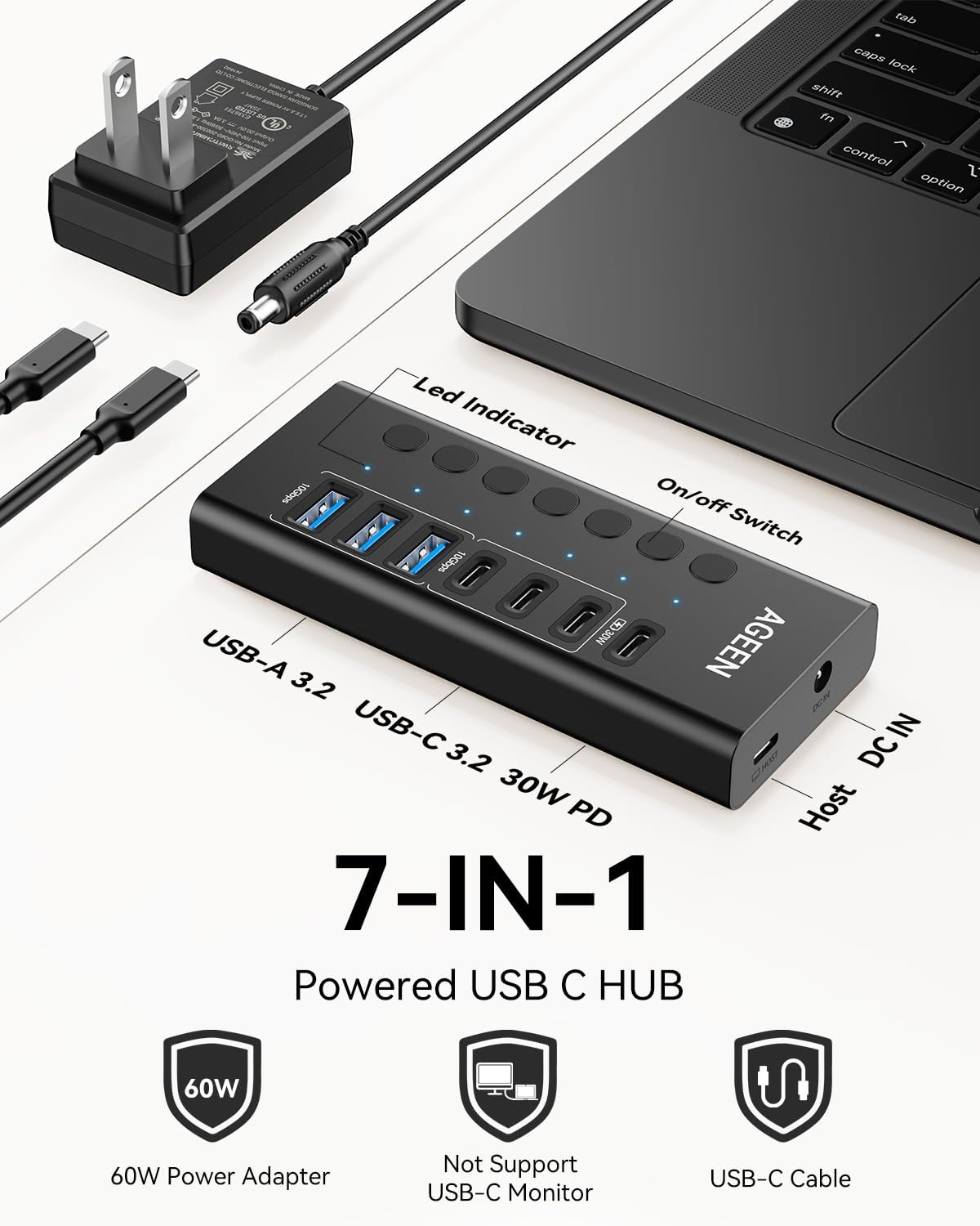 AGEEN USB C Hub, 7-Port 10Gbps Powered USB Hub, USB Splitter with 3 USB-A 3.2 and 3 USB-C 3.2 Ports, PD 30W Charging Port, 60W Power Adapter for PC, Laptop, MacBook, iPad, iPhone, Flash Drive