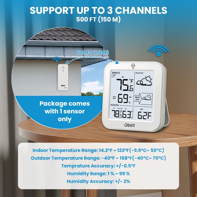 Indoor Outdoor Thermometer Wireless 500 FT Outdoor Thermometer with Sensor