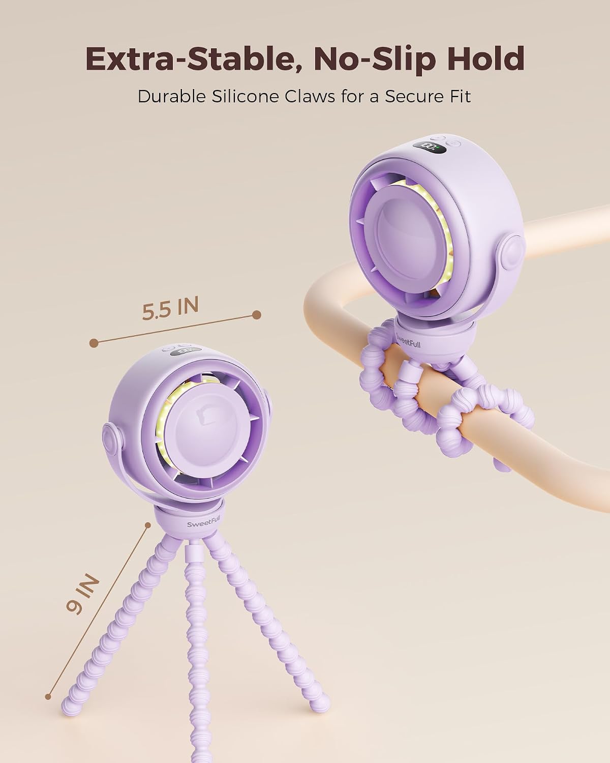 SWEETFULL Baby Stroller Fan, Safe Portable Fan, 15H Use, Nightlight- Purple | Pinch-Proof Design; 4000mAh Rechargeable; Stable Mini Clip On Fan; 360° Adjustable; 4-Speed Quiet; LED Display; Car Seat Crib