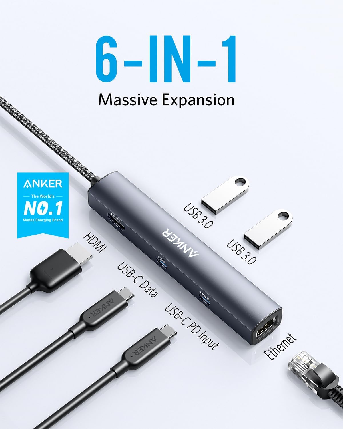 Anker USB-C Hub with Ethernet, 6-in-1 Multiport USB C to Ethernet Adapter | 4K HDMI Adapter with Ethernet, 65W Max PD, USB-C & 2 USB-A Data Ports, for MacBook Air, iPad Pro, XPS, Home Office and More