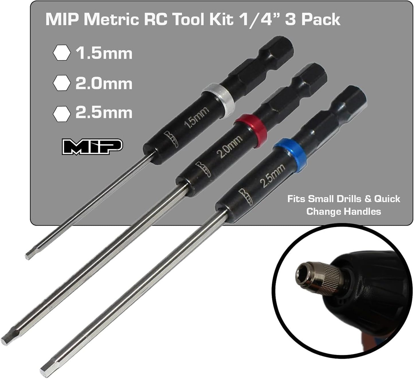 MIP RC Hex Bit Set and Tool Kit 9612 (1.5mm, 2.0mm, 2.5mm) – Hex Head Allen Wrench Drill Tools and Tool Bits for Screwdrivers, Electric Screwguns, and Power Drills For RC Cars - Made in USA