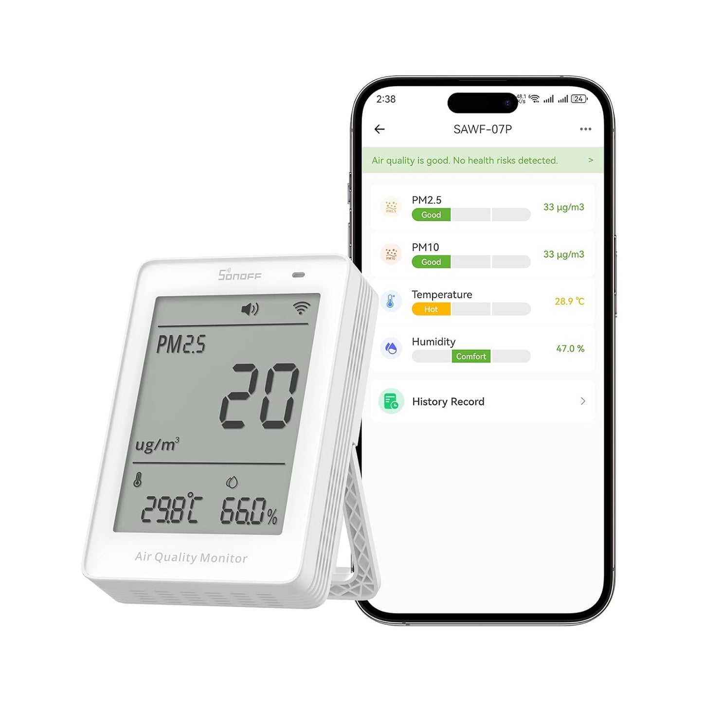 SONOFF SAWF-07P Smart Indoor Air Quality Monitor with PM2.5, PM10, Temperature & Humidity Sensor, Real-Time Display, Notification, Matter-Compatible, 2.4GHz WiFi, 3.73-inch Screen, for Bedroom, Nusery