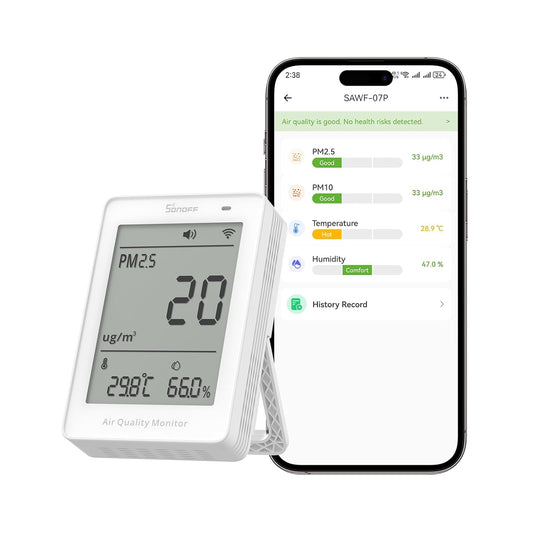 SONOFF SAWF-07P Smart Indoor Air Quality Monitor with PM2.5, PM10, Temperature & Humidity Sensor, Real-Time Display, Notification, Matter-Compatible, 2.4GHz WiFi, 3.73-inch Screen, for Bedroom, Nusery
