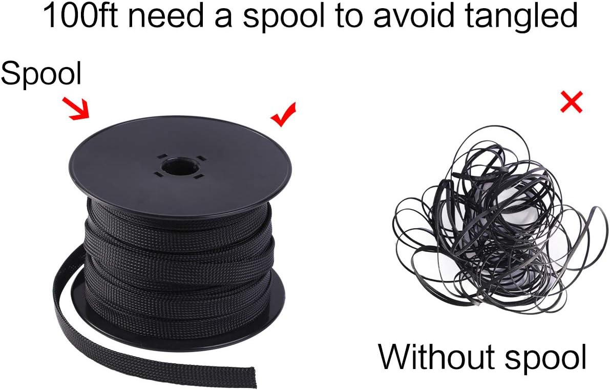 Keco 100ft – 1/2 inch PET Expandable Braided Cable Sleeve – Wire Sleeving for Audio Video and Other Home Device Cable Automotive Wire - Black