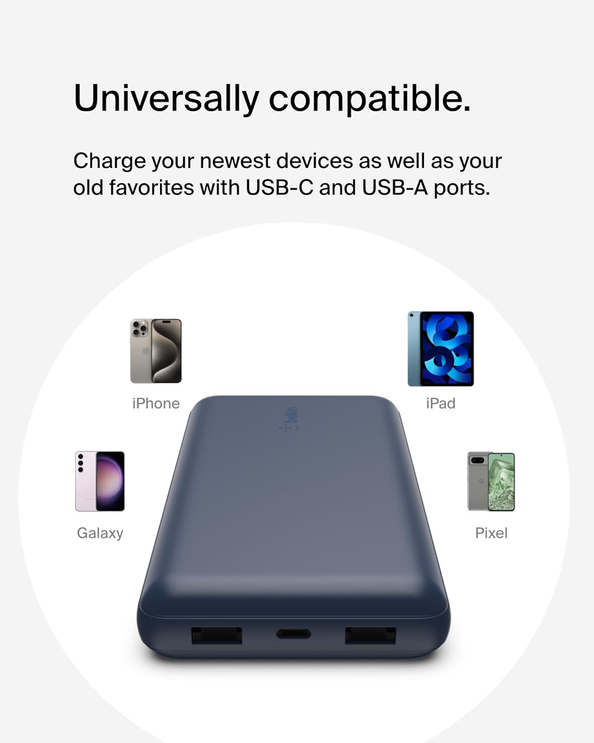Belkin 20000mAh 15W 3 Port Power Bank, USB A to USB C Cable Included | Fast Charging, iPhone 17, Samsung Galaxy, Pixel, Airpods, iPad, Nintendo Switch 2, Battery Pack, USB C Port, USB A Port