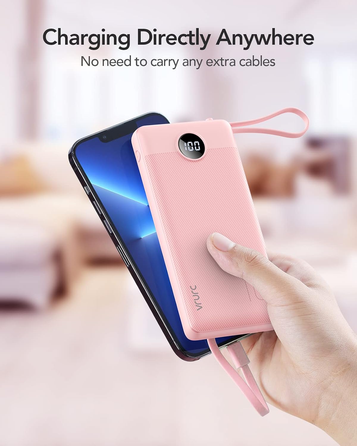 VRURC Portable Charger Power Bank, Built-in 4 Cables &amp; 2 Ports,10000mAh Slim Battery Pack with LED Display, Travel Essential USB C Portable Phone Charger for All Cell Phones Devices-Pink(1 Pack)
