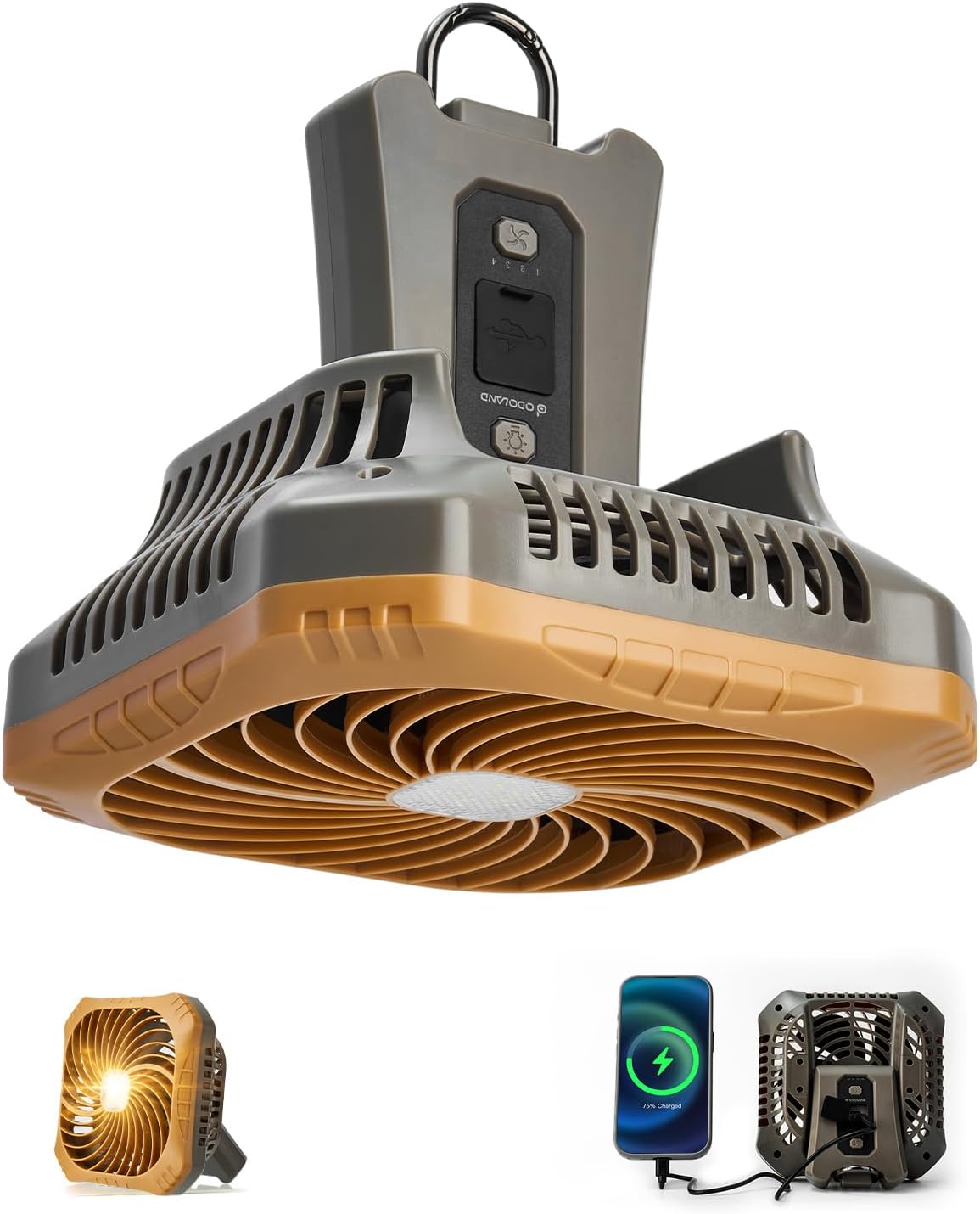 Odoland Portable Camping Fan with LED Lantern, 40H Rechargeable Battery Fan | Quiet Tent Fan with Hanging Hook for RV Car Beach Outdoor Hurricane Emergency Outages, 4-Speed Wind & 3-Color Light, Brown