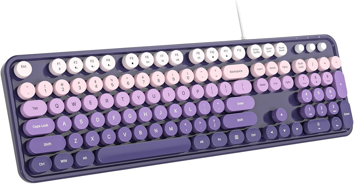 Dilter Wired Keyboard, 104 Keys Full-Sized Typewriter Keyboards, USB Office Keyboard with Number Pad, Caps Indicators, Foldable Stands for Windows, PC, Laptop, Desktop (Purple Colorful)