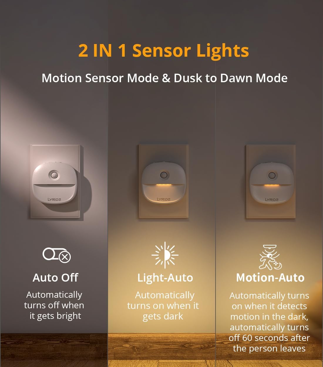 Lyridz Plug in Night Light with Motion Sensor and Dusk to Dawn Sensor, Dimmable Warm Nightlight with 1-50lm Adjustable Brightness Indoor for Bedroom, Bathroom, Stairs, Hallway, 4 Pack