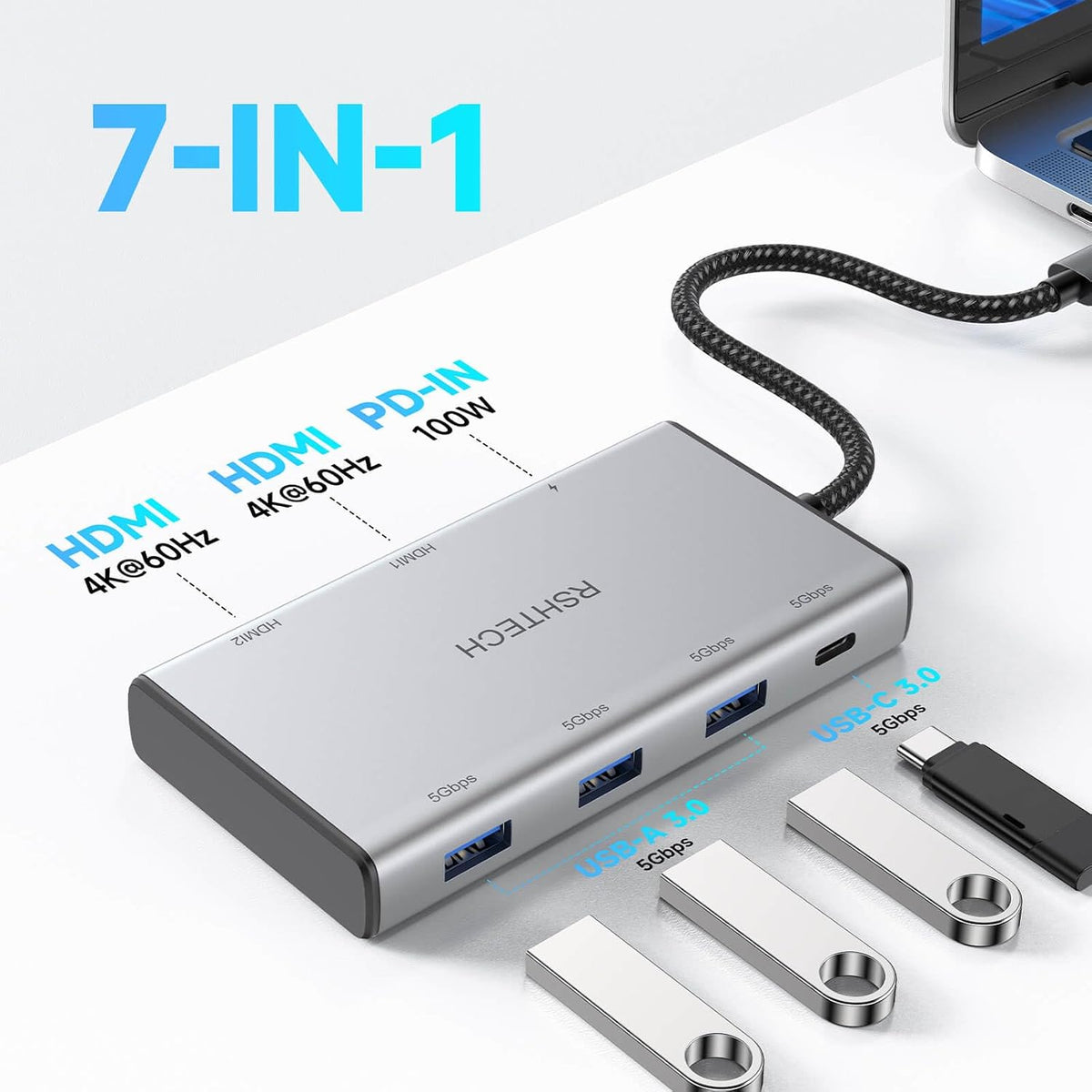 RSHTECH 7-in-1 USB C Hub 2 HDMI 4K@60Hz, Docking Station Dual Monitor