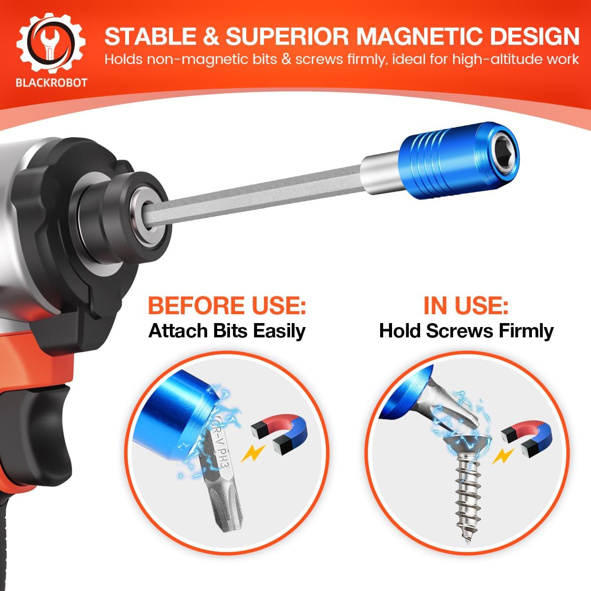 BLACKROBOT 8-Piece Drill Bit Extension Set, Magnetic Quick Change Impact Bit Holder in 2.5", 4", 6", 12" Sizes, for 1/4" Hex Drives, CR-V Steel, Ideal for Screwdriver Bits, Nuts, Drills