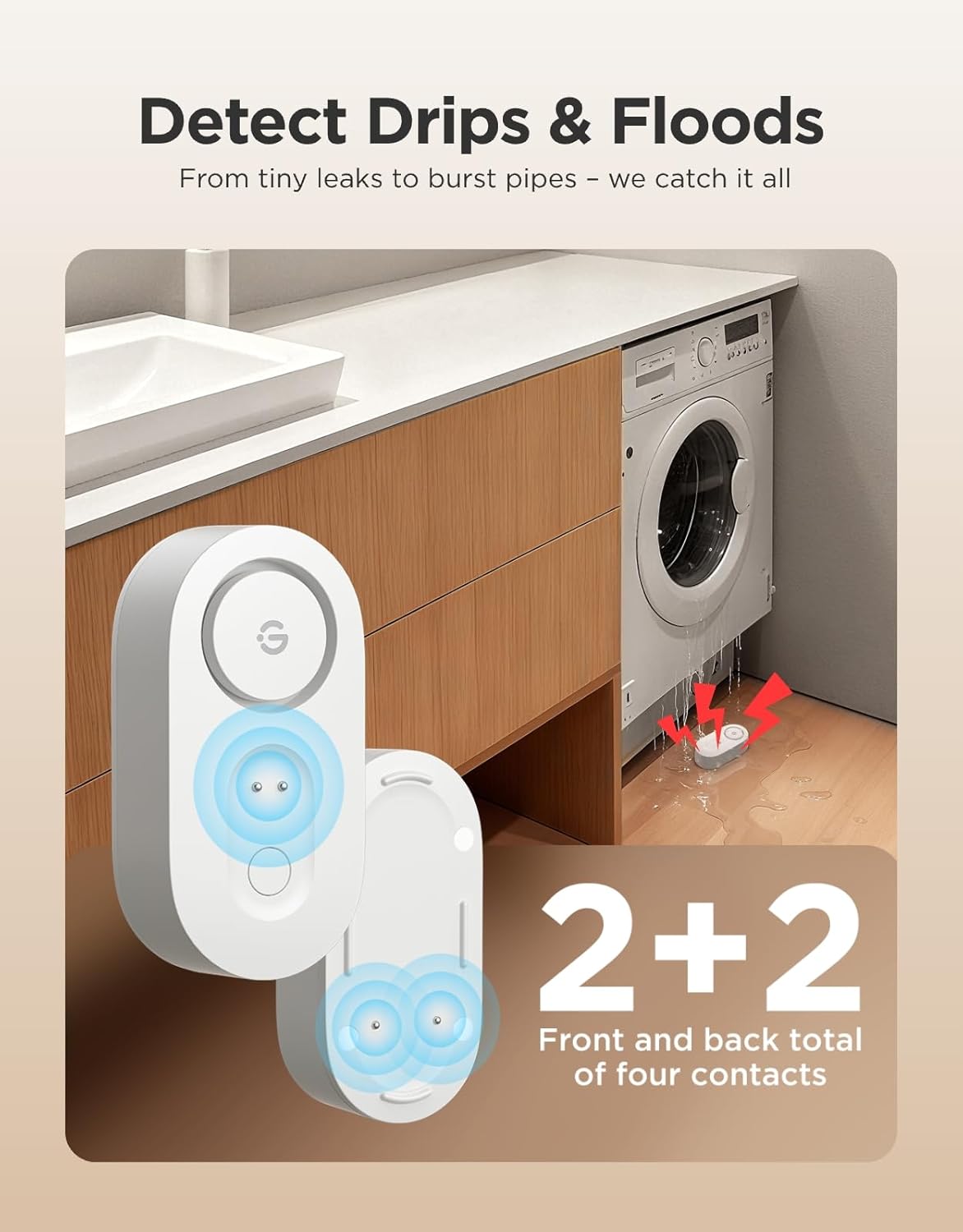GoveeLife Upgraded Smart Water Leak Detector 1s and with Water Leak Detector 1s Sensor Cable,WiFi Water Sensor with SMS/Email/APP Push and Sound Alarm, 5-Year Battery Life, Suit for Home, Basement