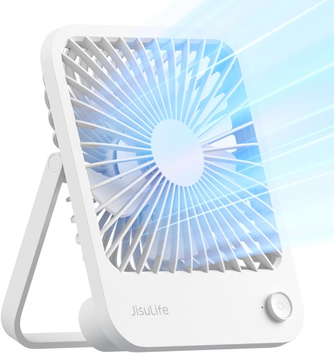 JISULIFE Desk Fan Battery Rechargeable, 180°Foldable Portable Personal Fan | 4500mAh Long-lasting Battery, 4 Speeds Adjustable for Home Office Travel Outdoor Gifts for Women Men-White