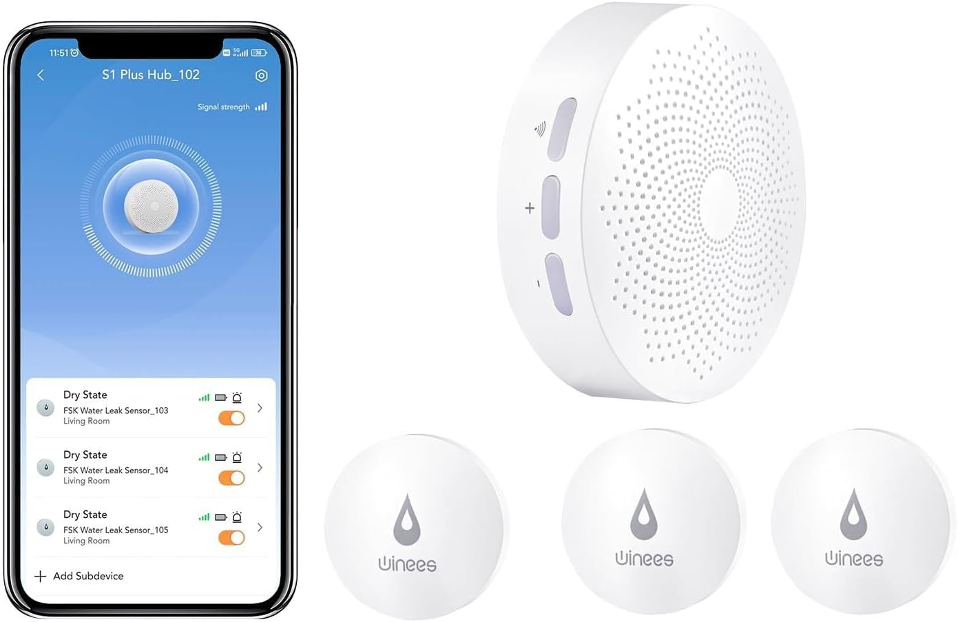 Winees WiFi Water Leak Detector, 3 + 6 Pack Water Sensors with 100dB Adjustable Alarm, Leak Alert Email&SMS Notification, 100M Transmission for Basement, Bathroom, Laundry, IFTTT, 2.4G WiFi Only