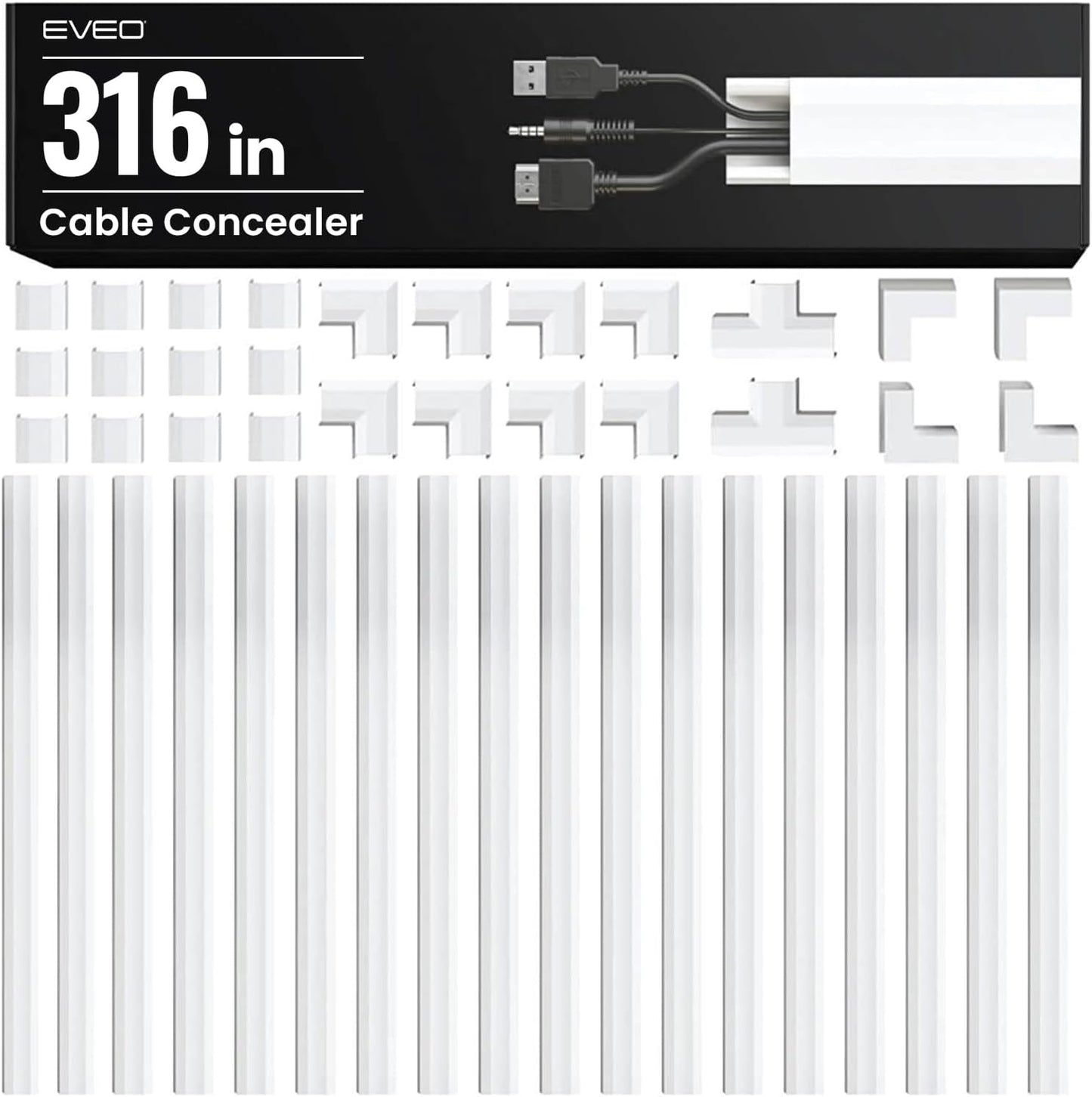EVEO Cable Hider Wall 306” - Cable Raceway Cord Hider - Wire Covers for Cords on Wall, Cord Cover, Wall Cable Hider, Cable Concealer, Wire Hiders for TV on Wall Management-20X (L16 W0.95 H0.5) - White