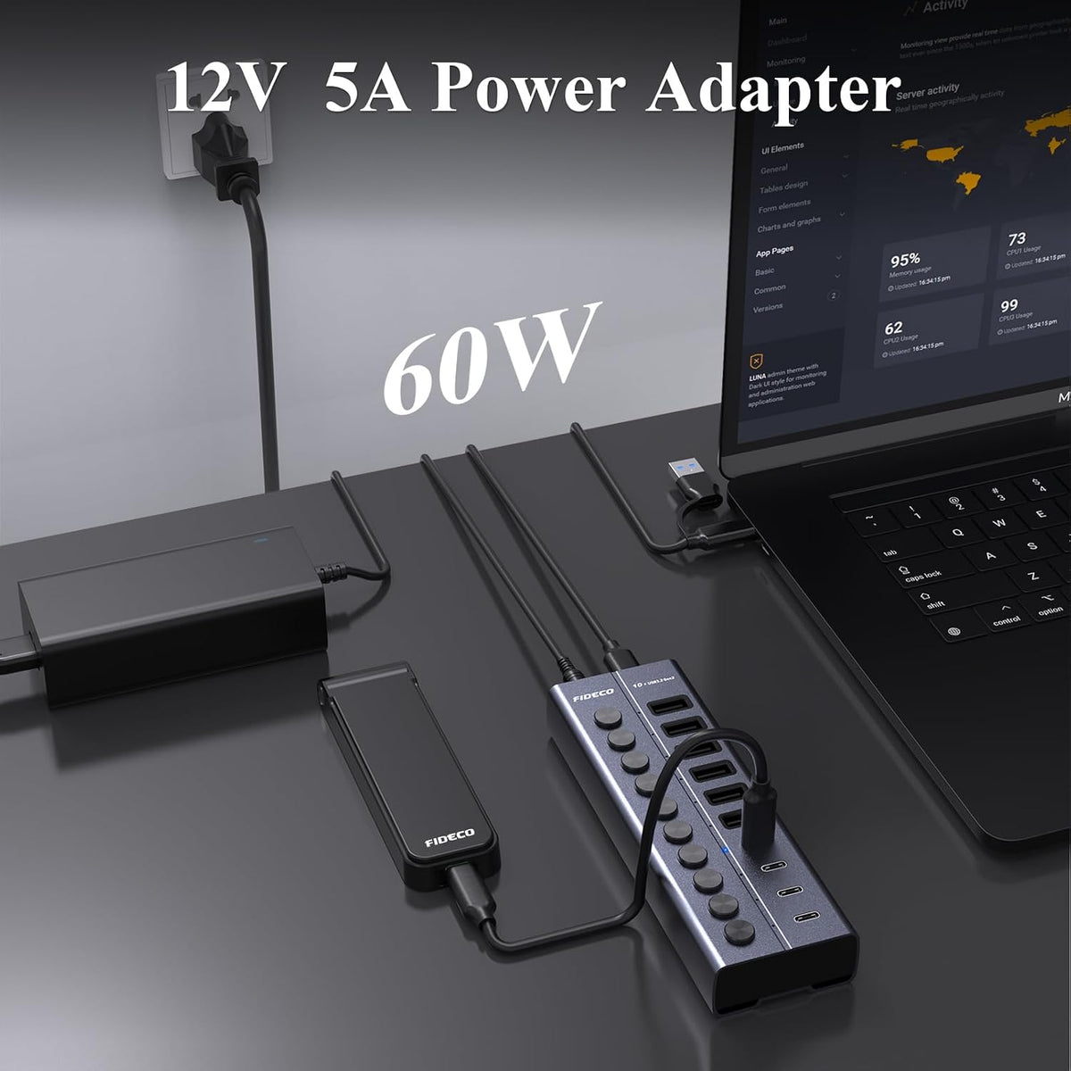 FIDECO 60W Powered USB Hub for Laptop and PC, 10-Port 10Gbps USB Splitter with 12V 5A Power Adapter, Aluminum USB 3.2 Gen 2 Multiport Adapter, 6 USB-A and 4 USB-C Ports, Support BC1.2 Charging