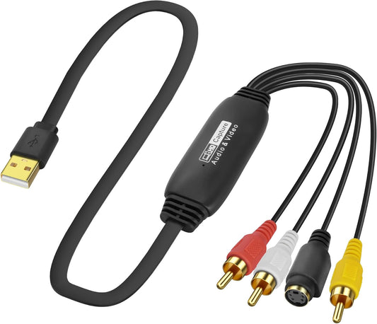 XMSJSIY USB 2.0 Audio Video Capture Card S Video RCA to USB Digital Grabber Recorder CVBS VHS VCR to Digital Converter for DVD Player,Laptop,PC,Tape Recording -1.2M/3.9FT (S-Video+3 RCA Male to USB)