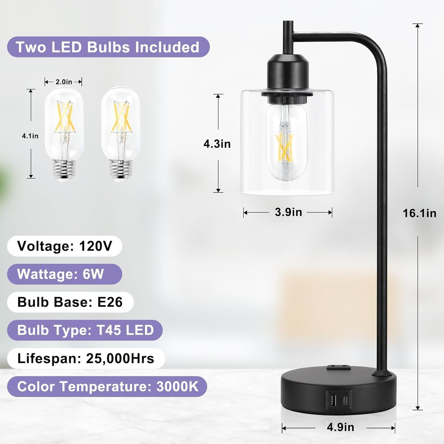 Industrial Touch Lamps for Nightstand Set of 2, 3-Way Dimmable Bedside Lamp | Glass Shade, USB C+A Charging Port & Outlet, Black Desk Lamps for Bedroom, Living Room, Home Office, Reading