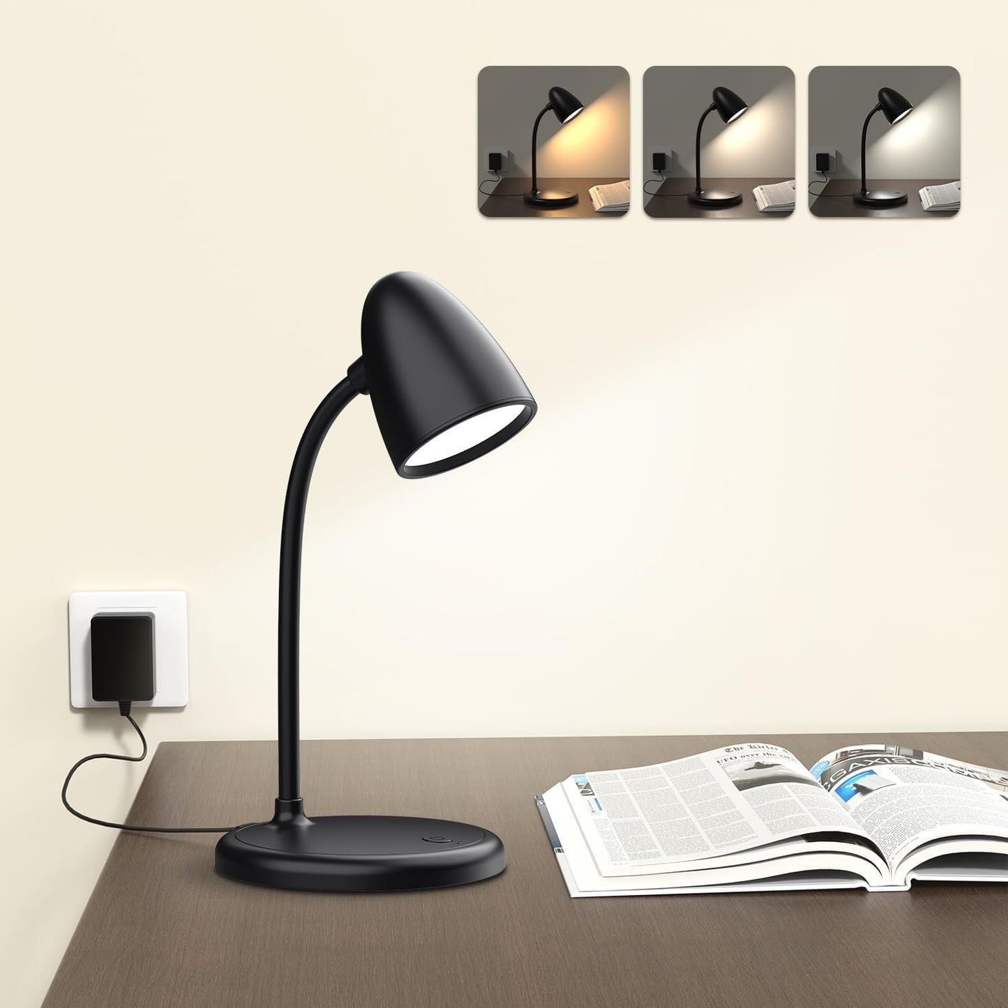 LED Desk Lamp for Home Office,Dimmable Table Lamp 3 Light Colors | Reading Light for Bedside Small Desk Lamp for College Dorm Room,Bedroom Desk Light,White