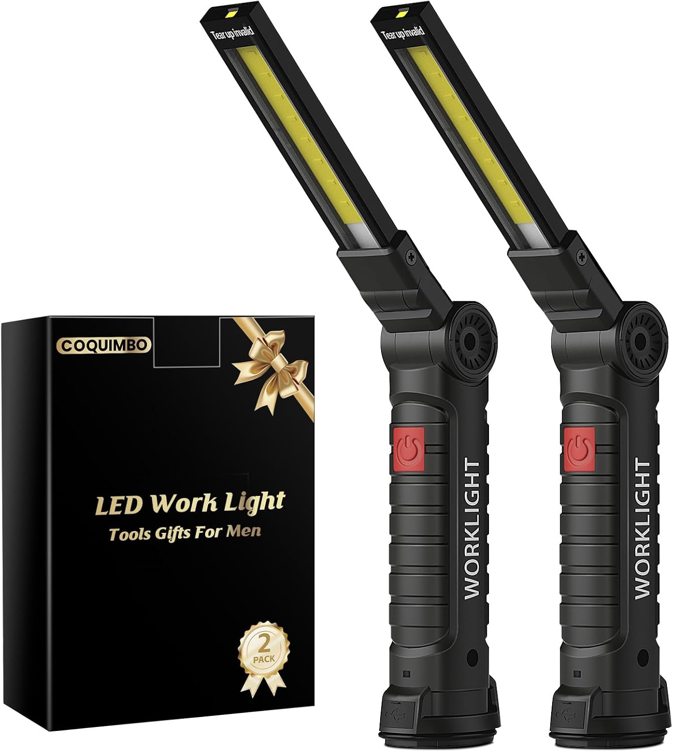 Coquimbo 2 Pack Rechargeable Work Light, Christmas Tool Gifts for Men Dad | Mens Stocking Stuffers for Adults Husband, LED Flashlight, BBQ Light Grill Accessories with Magnetic Base and Hook (Black)