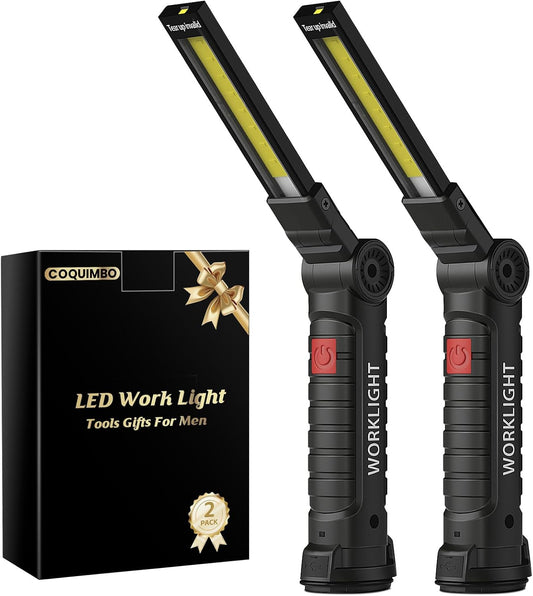 Coquimbo 2 Pack Rechargeable Work Light, Christmas Tool Gifts for Men Dad | Mens Stocking Stuffers for Adults Husband, LED Flashlight, BBQ Light Grill Accessories with Magnetic Base and Hook (Black)