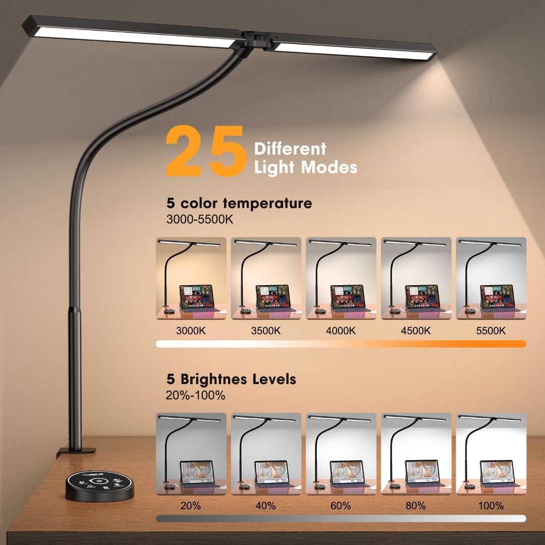 Led Desk Lamp for Office Home - Eye Caring Architect lamp with Clamp,Dual Screen Computer Monitor Work Smart Light: 24W 5 Color Flexible Adjustable Lighting Table Lamp for Study Drafting