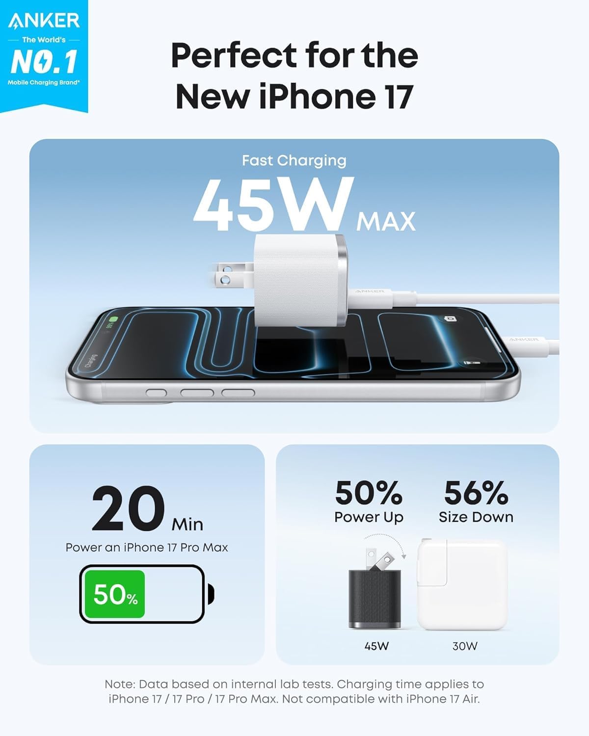 Anker iPhone Charger, 45W Type C Fast Charging, USB C Charger Block | Includes 6FT USB-C Cable and Foldable Plug, for iPhone 17/16 Series,MacBook, Pixel 9, iPad and More
