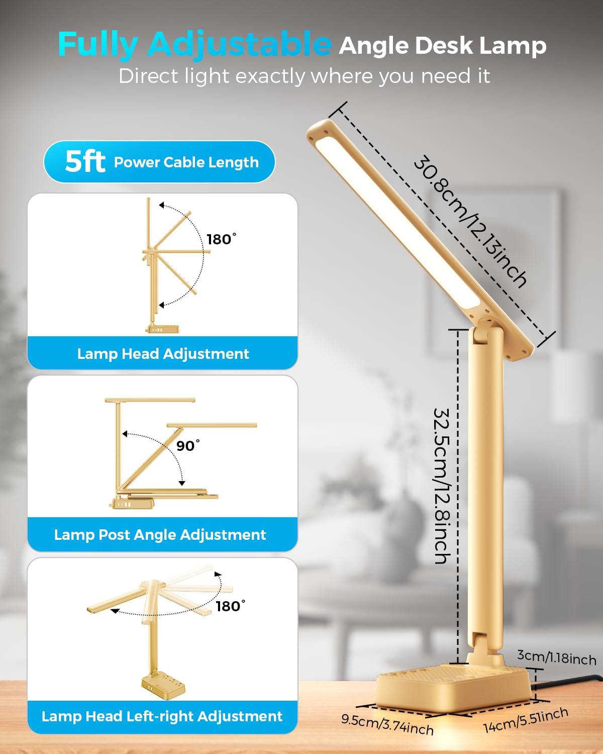 LED Desk Lamp with Power Strip, 3 AC Outlets, 4 USB Ports, Stepless Dimming