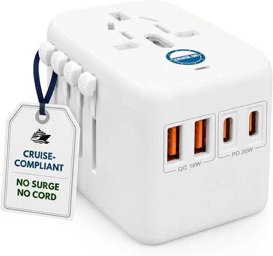 Cruise On Universal Travel Adapter, Cruise Approved (incl Royal Caribbean, Disney, MSC) - International Power Adapter [2 USB-C, 2 USB, AC] World Travel Plug Adapter Converter USA, Italy, Europe, Asia