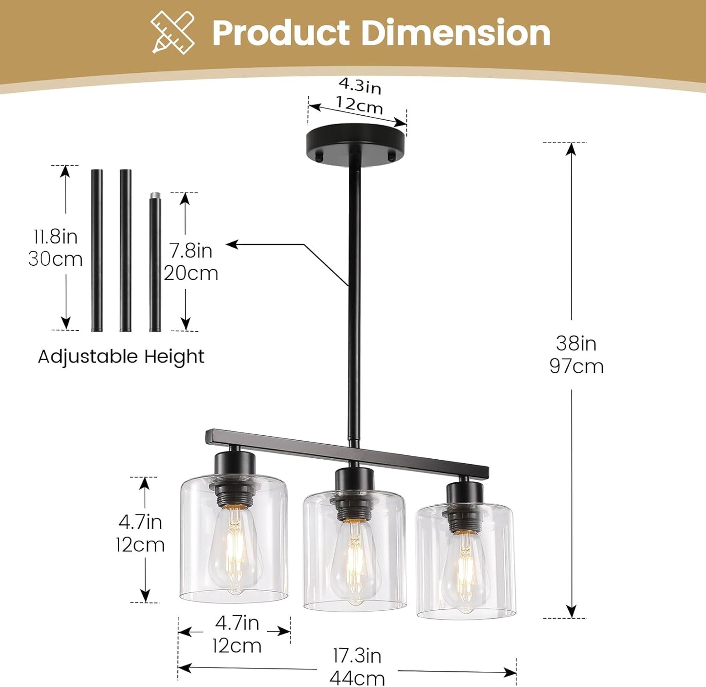 3-Light Kitchen Island Lighting, Black Pendant Light Fixture, Farmhouse Dining Room Light Fixtures Over Table, Modern Hanging Light Fixtures with Clear Glass, E26 Base, Bulbs Not Included