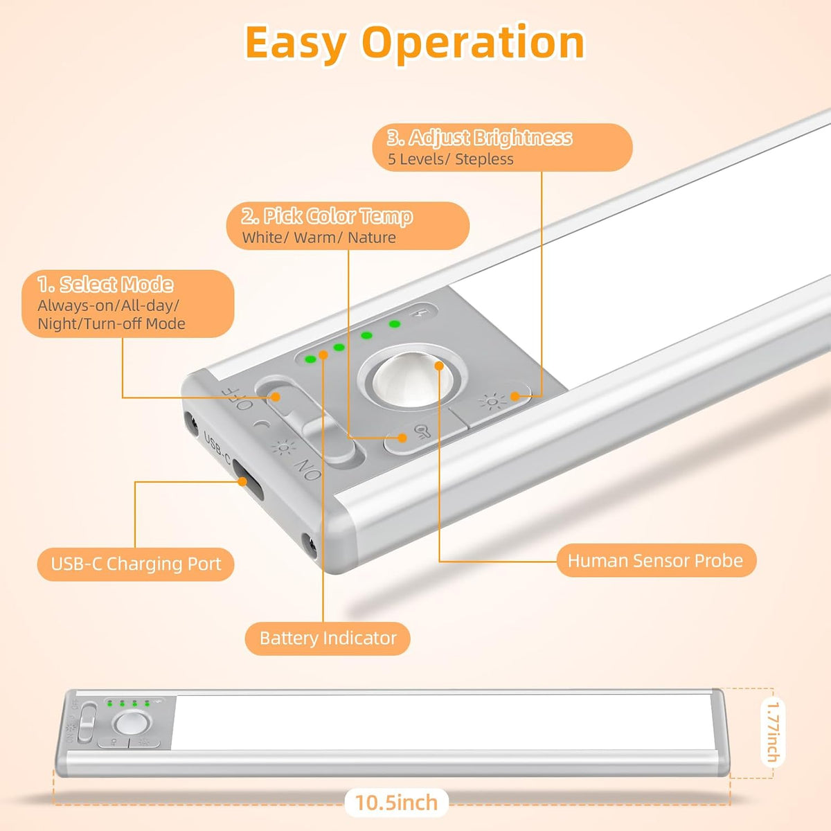 10.5in Rechargeable Under Cabinet Light, 2200mAh Motion Sensor Light,3 Pack