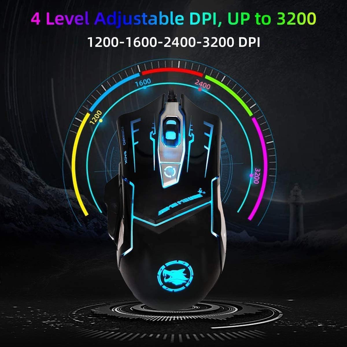 RGB Light up Wired Gaming Mouse for Computer - Durable USB Led Laptop Mice w/ 7 Color Backlit, 4 Adjust DPI Up to 3200 for Gaming, Silent & Stable PC Corded Mouse for Mac MacBook Windows Linux PS4